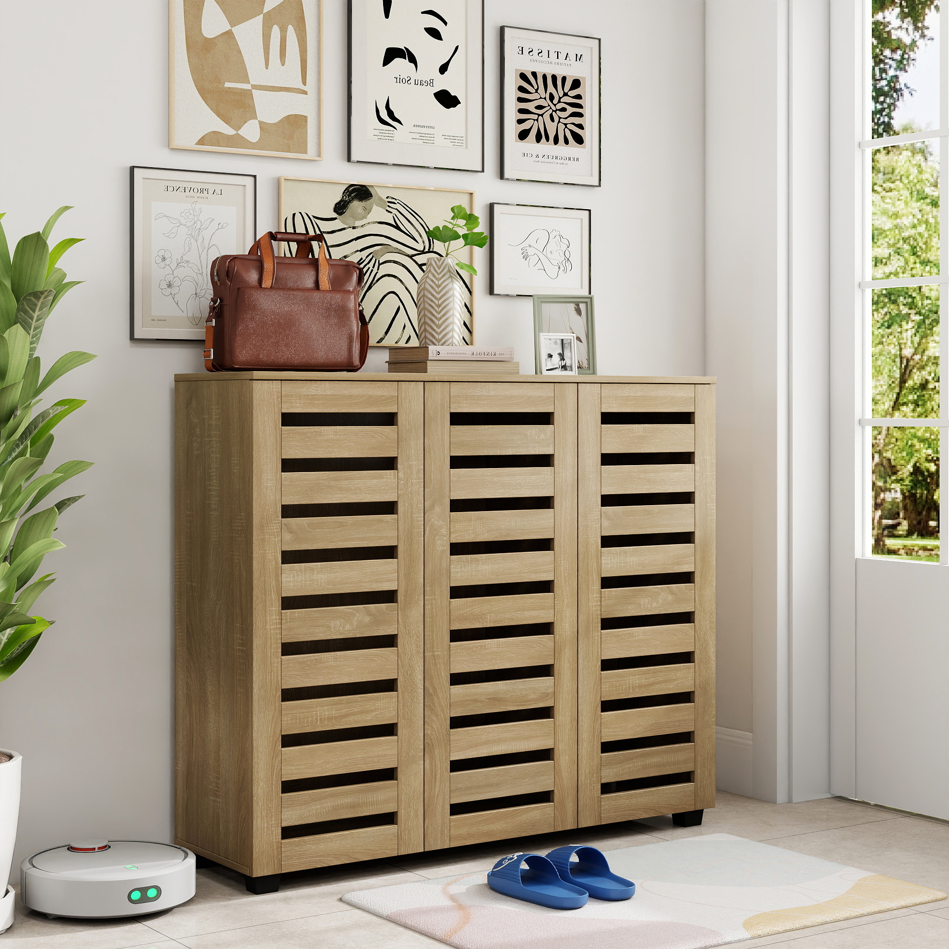 Oak Effect 3 Door Shoe Storage Cabinet with Slatted Doors | 114cm
