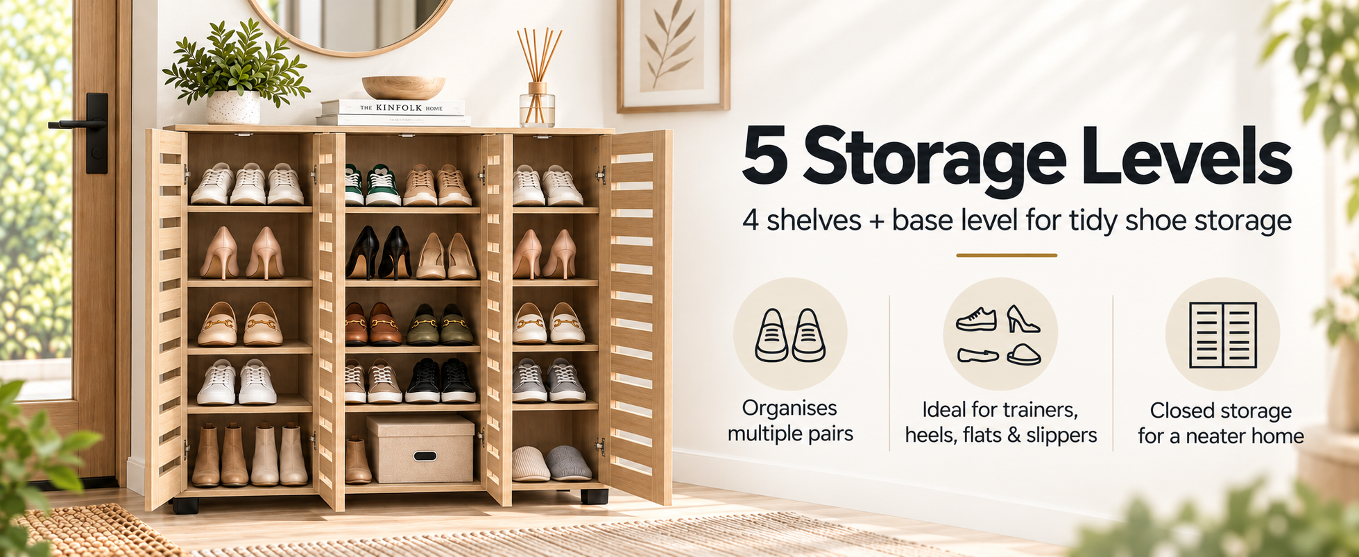 Oak Effect 3 Door Shoe Storage Cabinet with Slatted Doors | 114cm