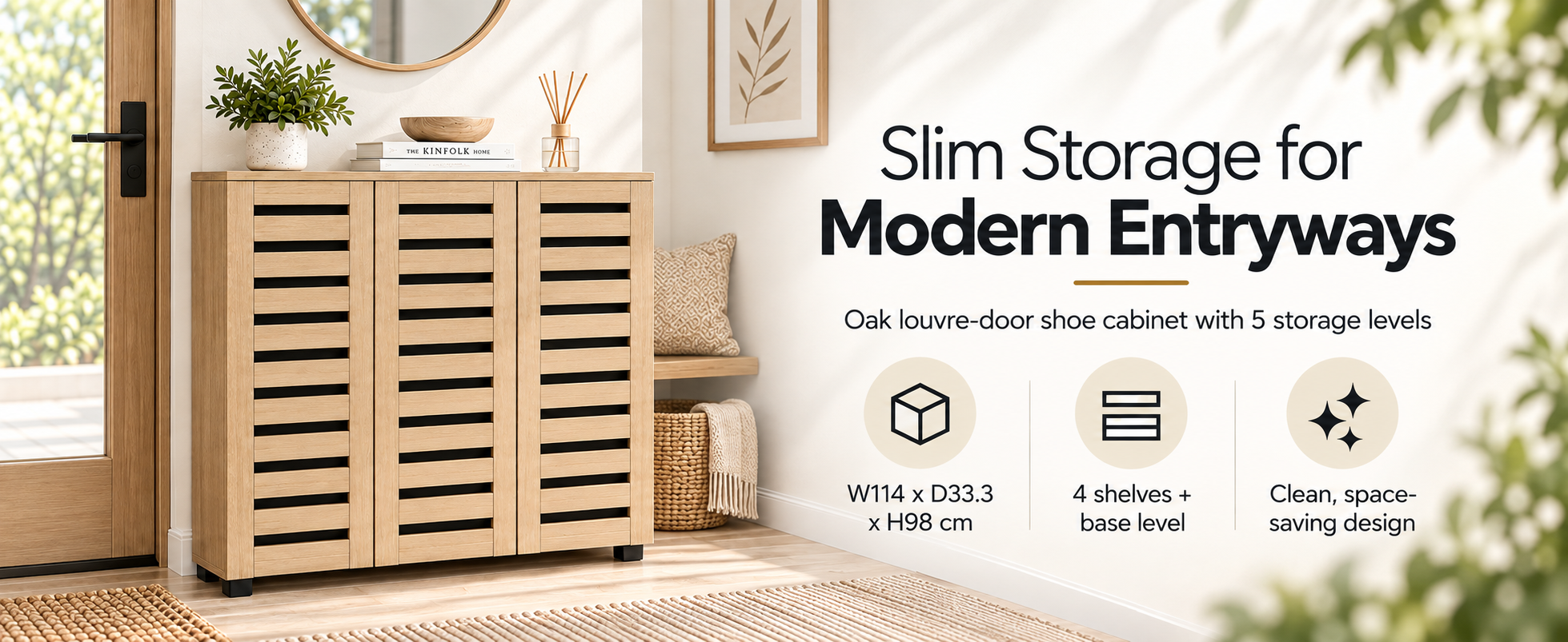 Oak Effect 3 Door Shoe Storage Cabinet with Slatted Doors | 114cm