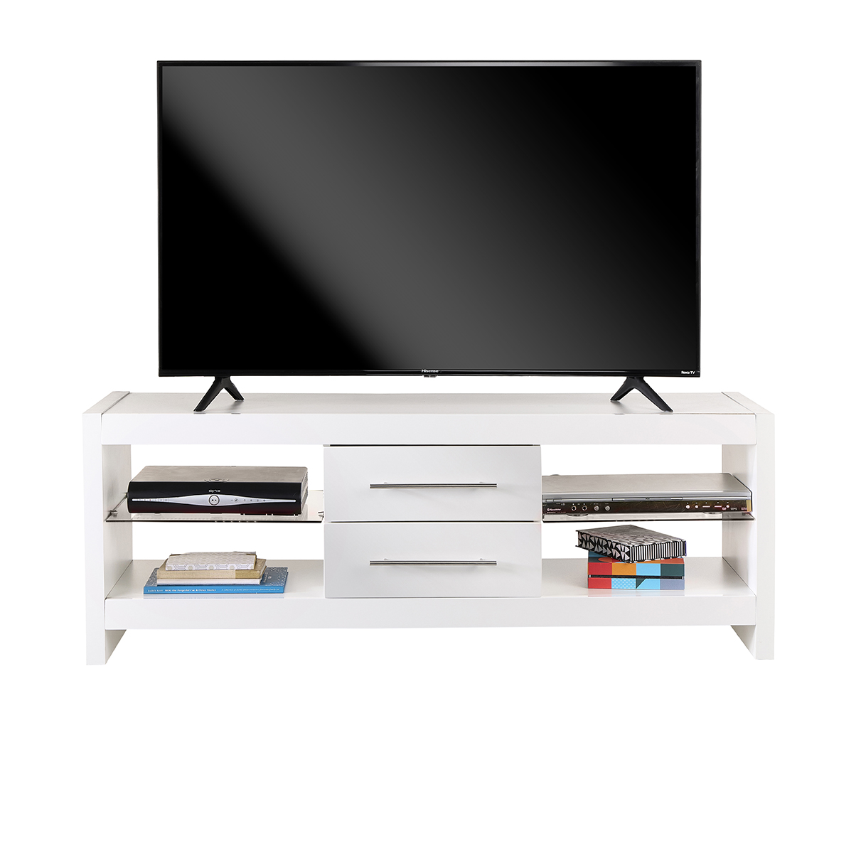 White 140cm TV Stand Cabinet with Glass Shelves & LED Lights | Up to 65 Inch TVs
