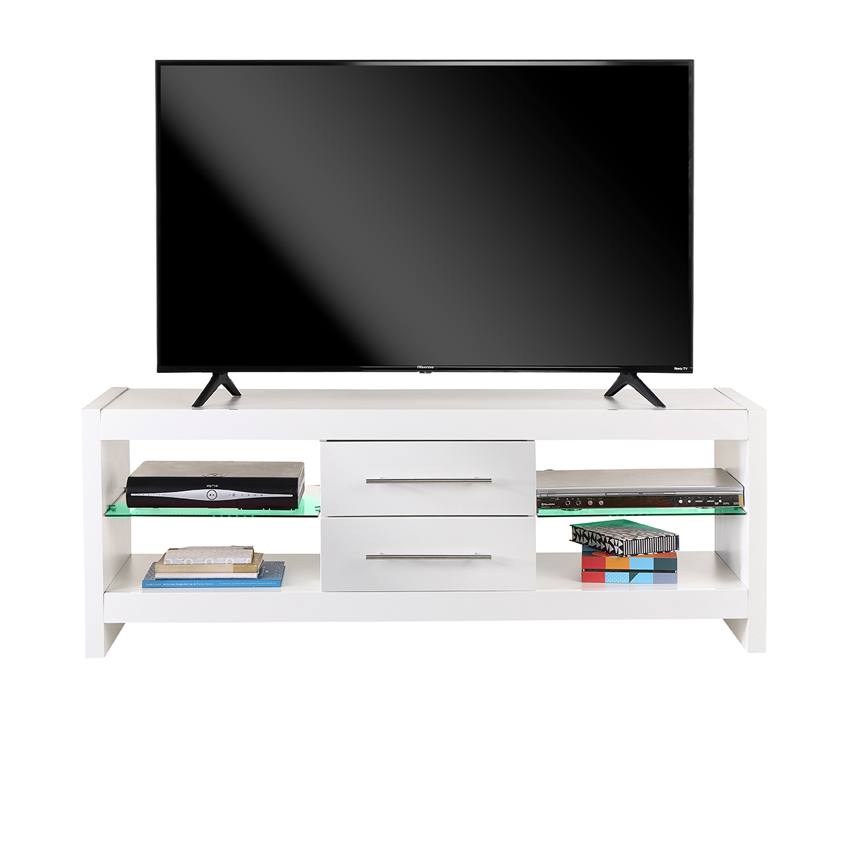 White 140cm TV Stand Cabinet with Glass Shelves & LED Lights | Up to 65 Inch TVs