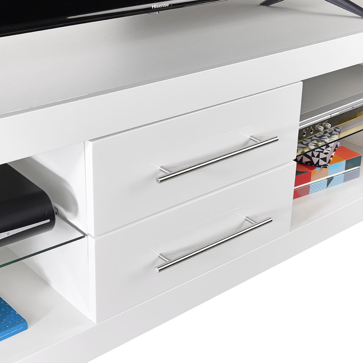 White 140cm TV Stand Cabinet with Glass Shelves & LED Lights | Up to 65 Inch TVs