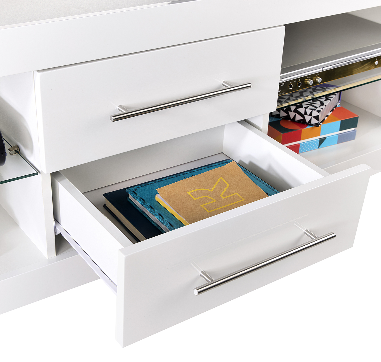 White 140cm TV Stand Cabinet with Glass Shelves & LED Lights | Up to 65 Inch TVs